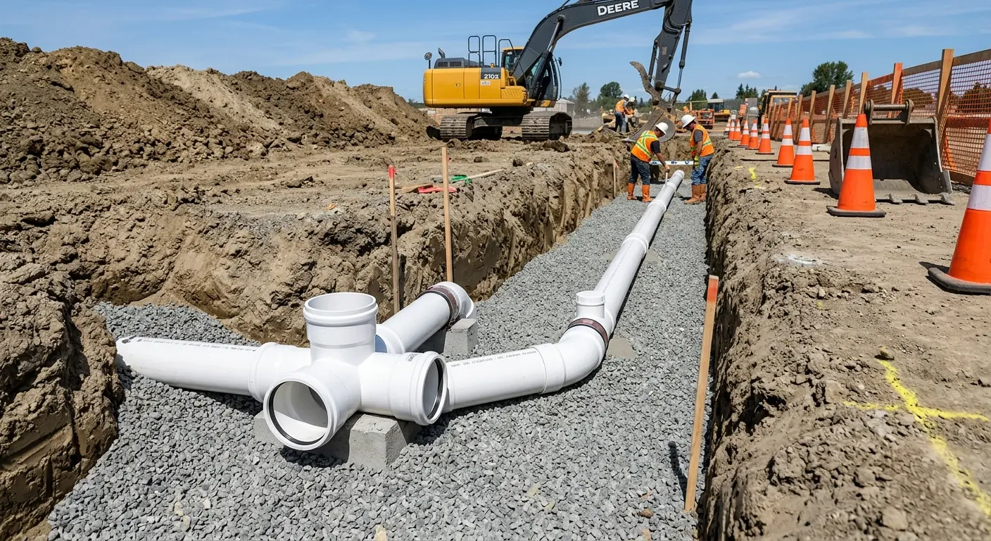 New PVC sewer pipe installation in open trench for Sewer Backup in Laguna Woods