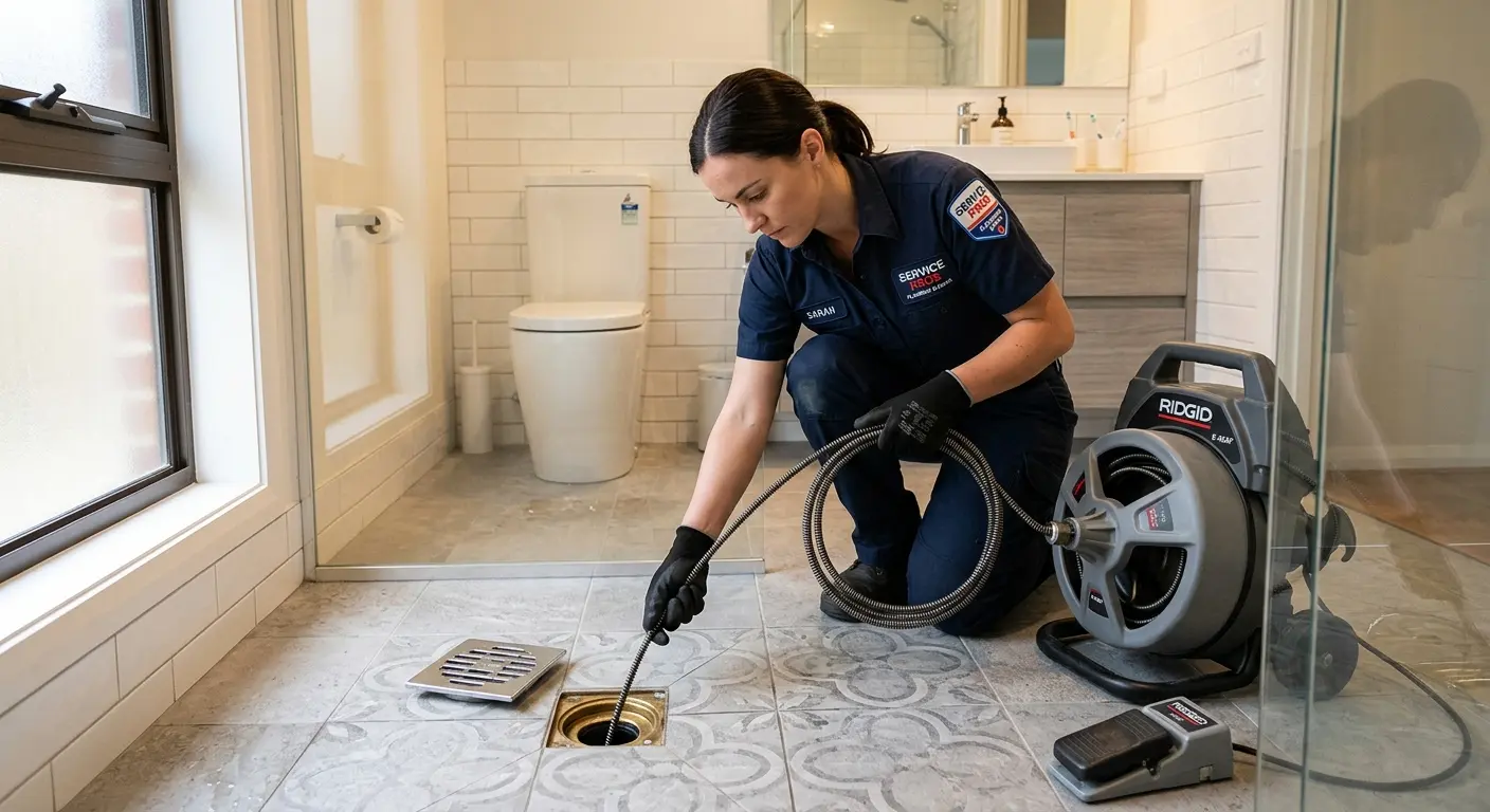 Technician clearing a bathroom floor drain for Sewer Line Replacement in Laguna Woods